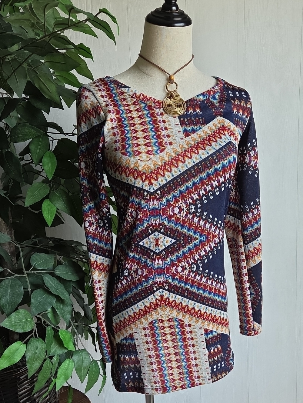About A Girl Boho Geometric Long-Sleeve Top - Size M